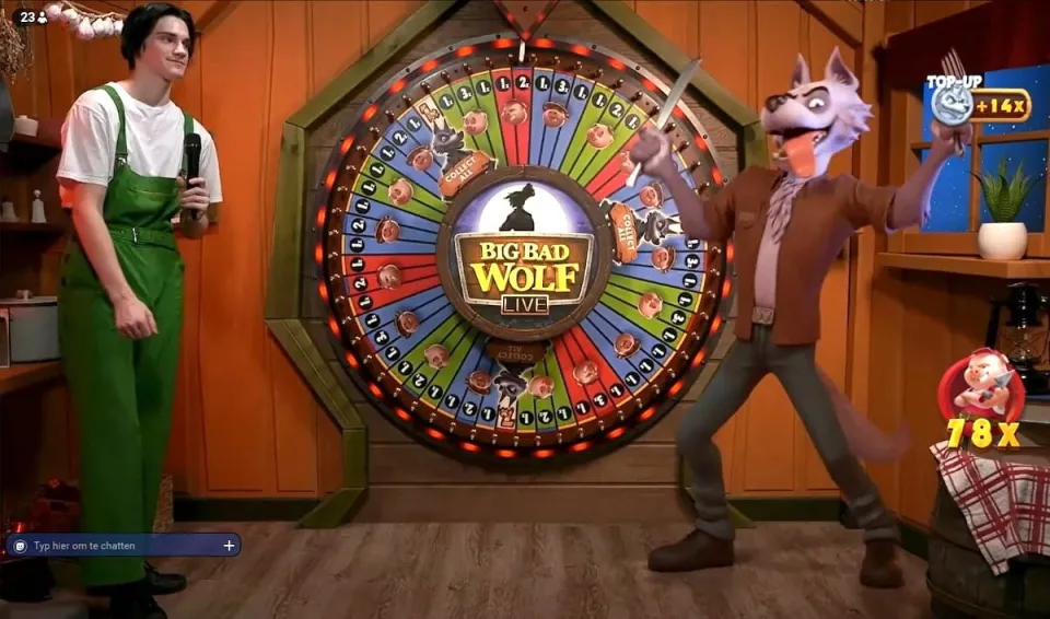 Big Bad Wolf Live gameshow van Playtech met rad, presentator en animatie van een wolf