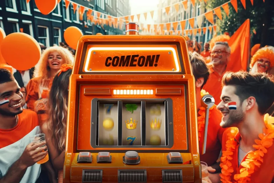 Mensen vieren Koningsdag rondom een gokkast van ComeOn