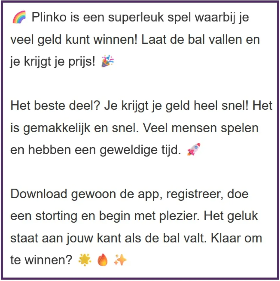 wervende tekst op een downloadpagina voor een Plinko app
