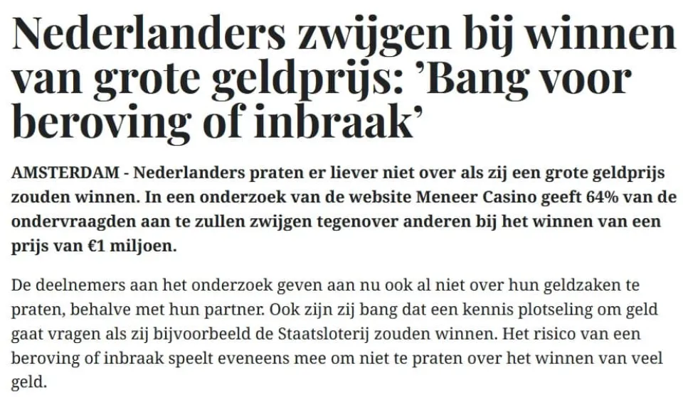 artikel Telegraaf: Nederlanders zwijgen bij winnen van grote geldprijs