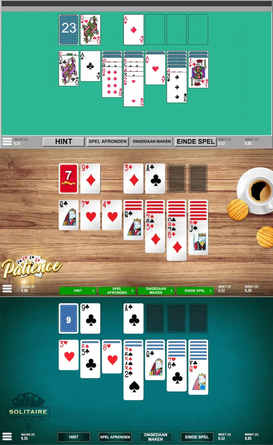 Van boven naar beneden: Solitaire, Patience en Casino Solitaire.