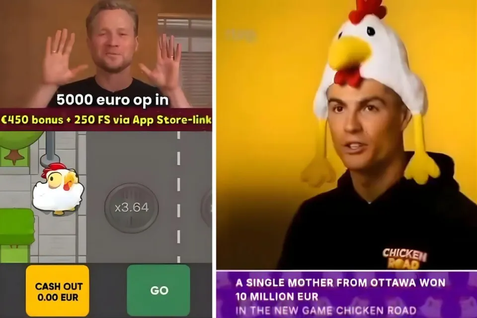 screenshots uit advertenties voor Chicken Road met Kalvijn en Ronaldo