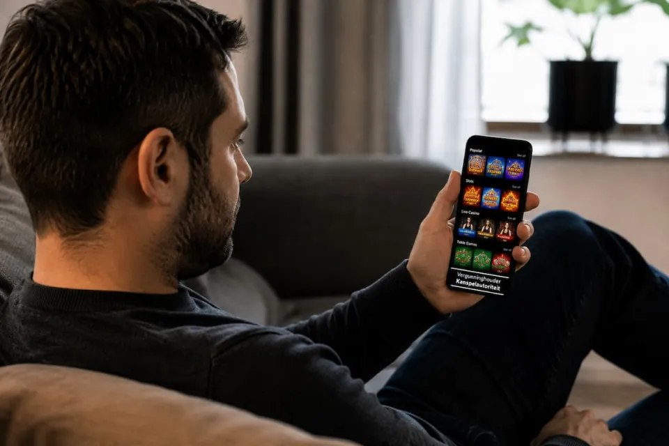 man zit op bank en bekijkt telefoon met goksite in beeld
