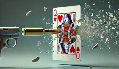 speelkaart harten vrouw wordt doorboord door kogel afgevuurd uit een pistool