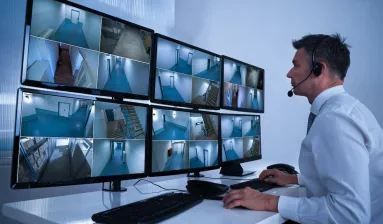 man bekijkt monitors met beeld van bewakingscamera's