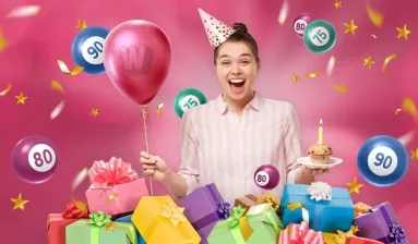 Winnitt Bingo meisje met cadeaus balonnen en bingoballen