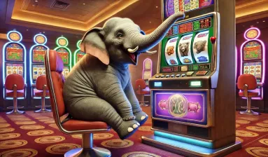 olifant zit op stoel achter gokkast in casino